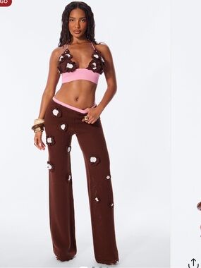 Fashion Nova Brown Crochet Wide-Leg Pant Set